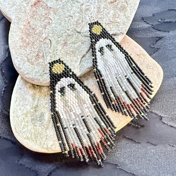 Spooky ghost Halloween beaded fringe earrings