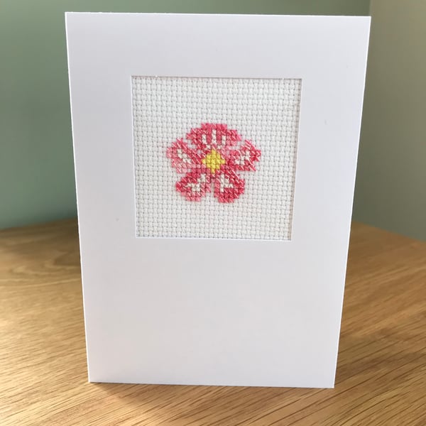 Pink Blossom Cross Stitch Flower Hand Embroidered Blank Greetings Card