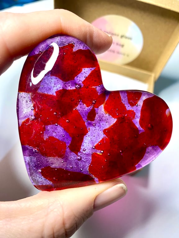 Fused glass red purple heart hug paper weight  perfectly imperfect 