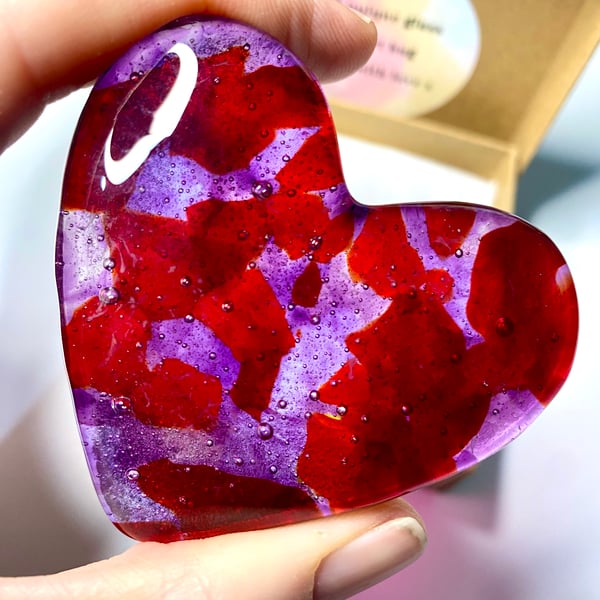 Fused glass red purple heart hug paper weight  perfectly imperfect 