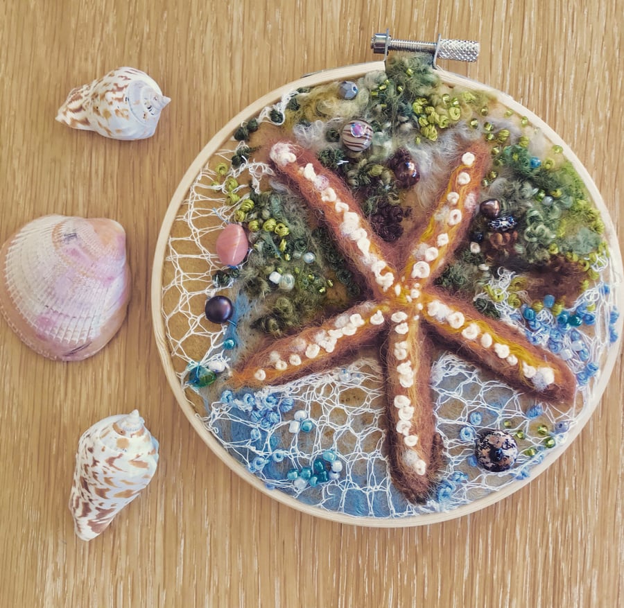 Starfish-seaside-needle felted-hoop art-embroidery-picture 