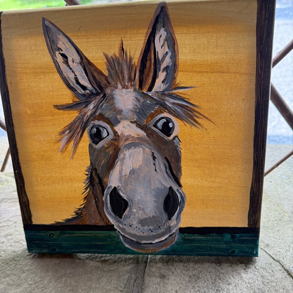 Acrylic Donkey Painting. 10” by 10” on block canvas 