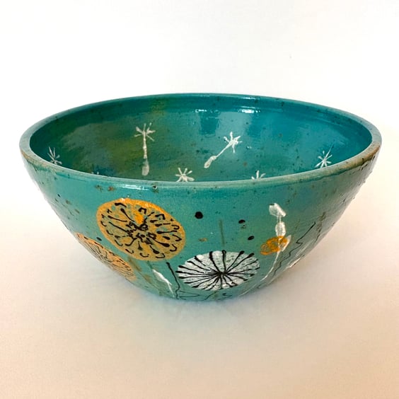 TURQUOISE DANDELION CERAMIC  BOWL