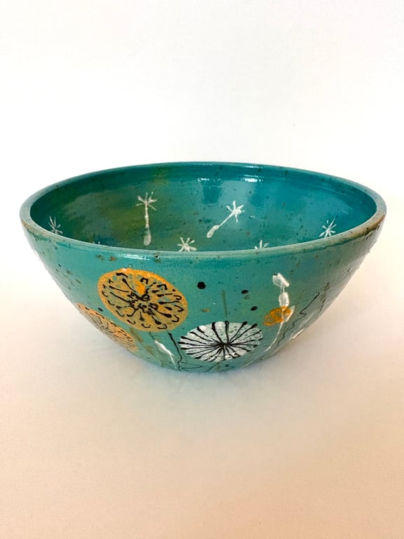 TURQUOISE DANDELION CERAMIC  BOWL