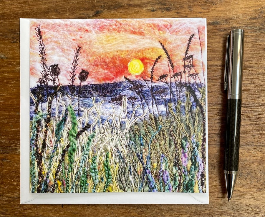 Printed sunset hedgerow scene greetings card. 