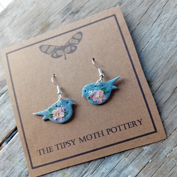  polymer clay silver plated earring floral little bird granite- discontinued 