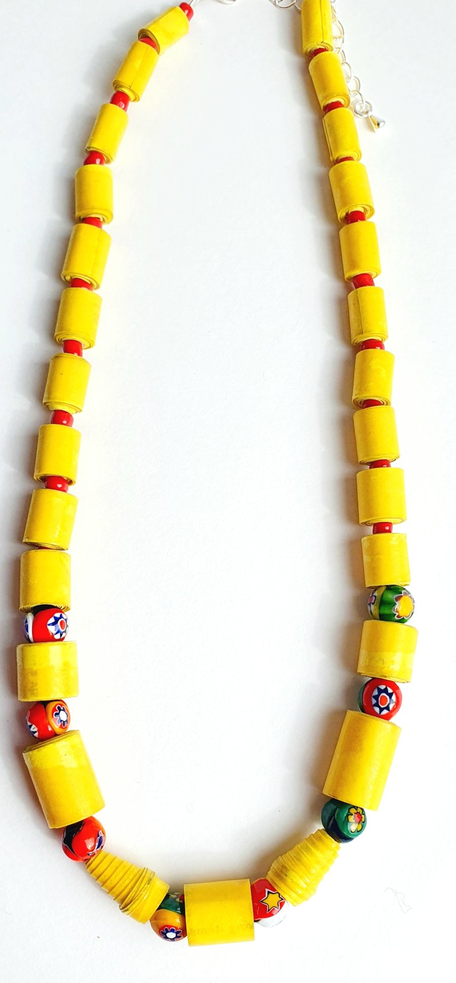 Yellow paper beaded necklace with venetian millefiori glass beads