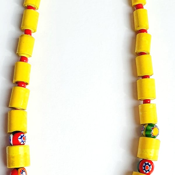 Yellow paper beaded necklace with venetian millefiori glass beads