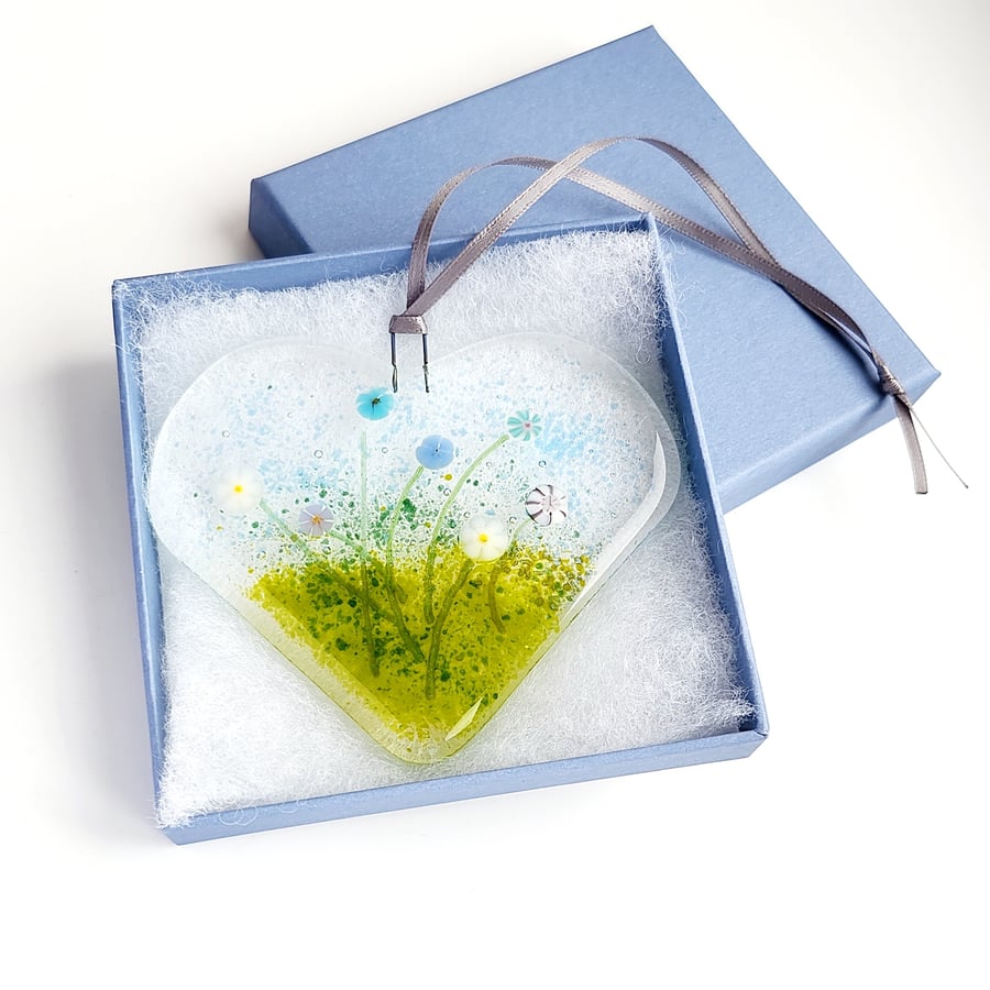 Fused Glass Floral Heart Suncatcher, Letterbox Gift