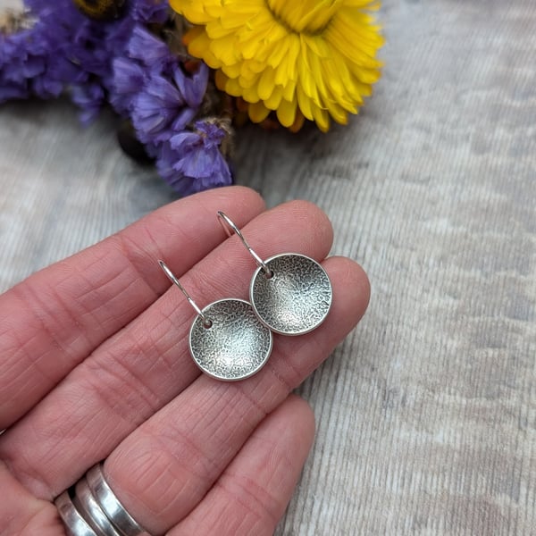 Sterling Silver Oxidised Textured Curved Disc Drop Earrings - JBJ1002