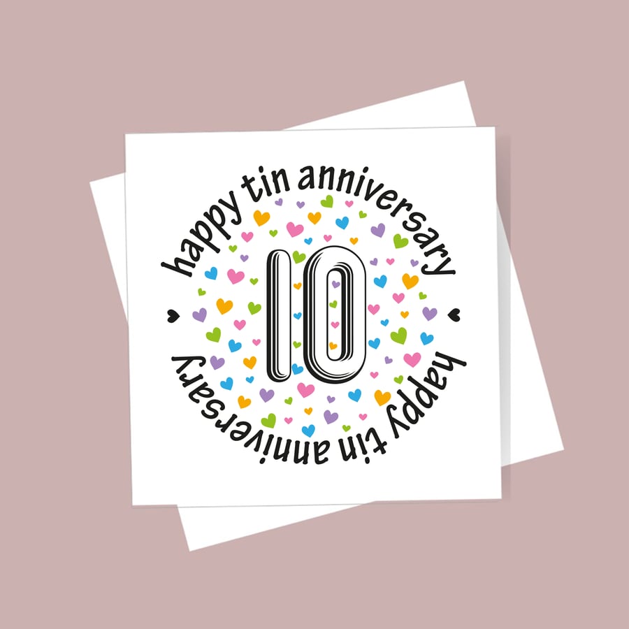 10th Wedding Anniversary card - tin anniversary, free postage, blank inside