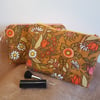 Vintage fabric  zipped pouch or makeup bag: orange tones & check lining: large 