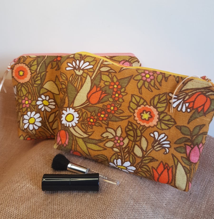 Vintage fabric  zipped pouch or makeup bag: orange tones & check lining: large 