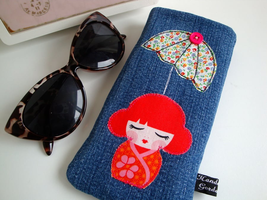 Denim Glasses case - appliquéd umbrella  and Russian doll .