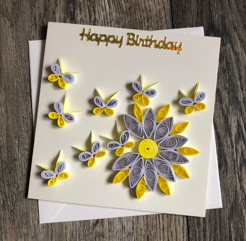 Handmade quilled yellow flower blowing card 