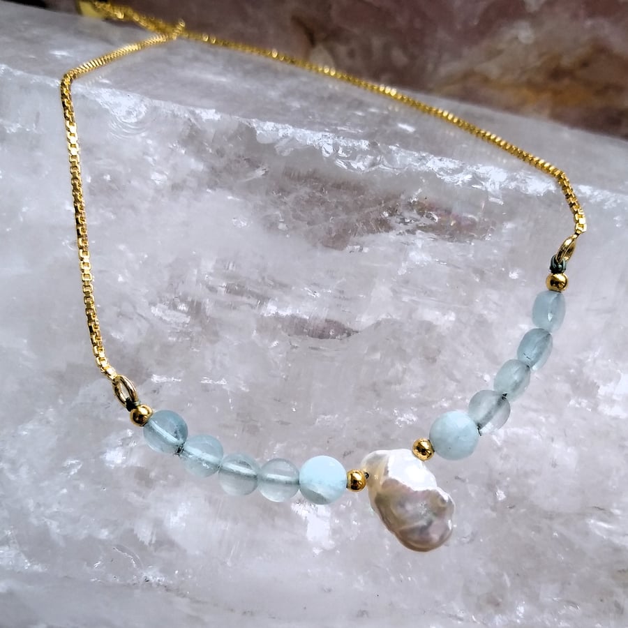Natural Aquamarine & Freshwater Keshi Pearl Gold Sterling Silver Slider Bracelet