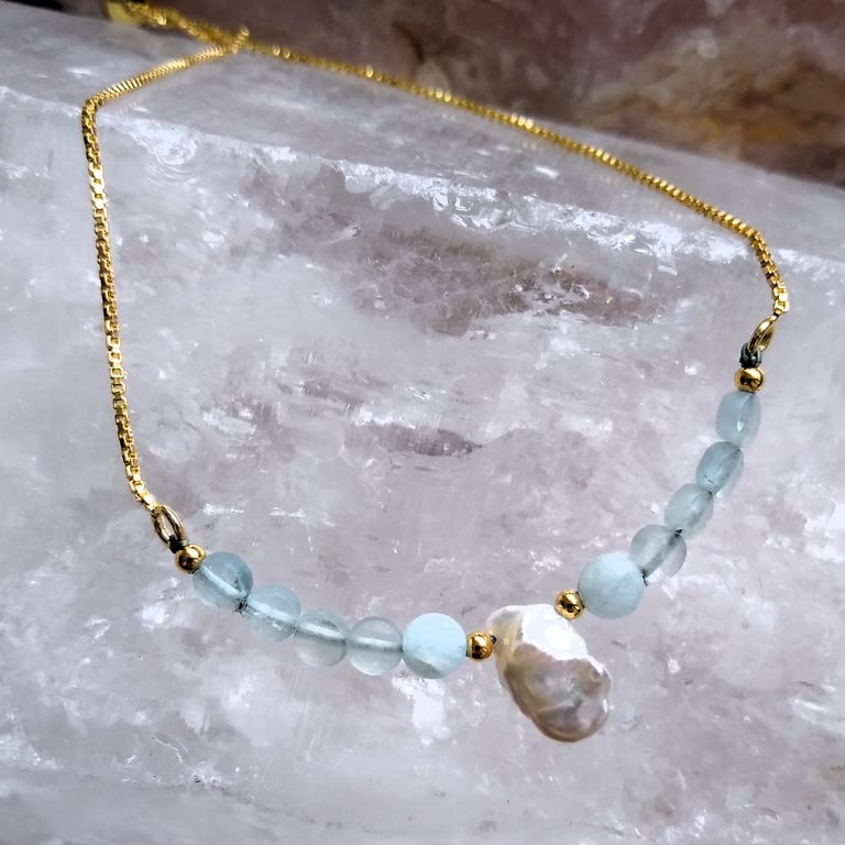 Natural Aquamarine & Freshwater Keshi Pearl Gold Sterling Silver Slider Bracelet