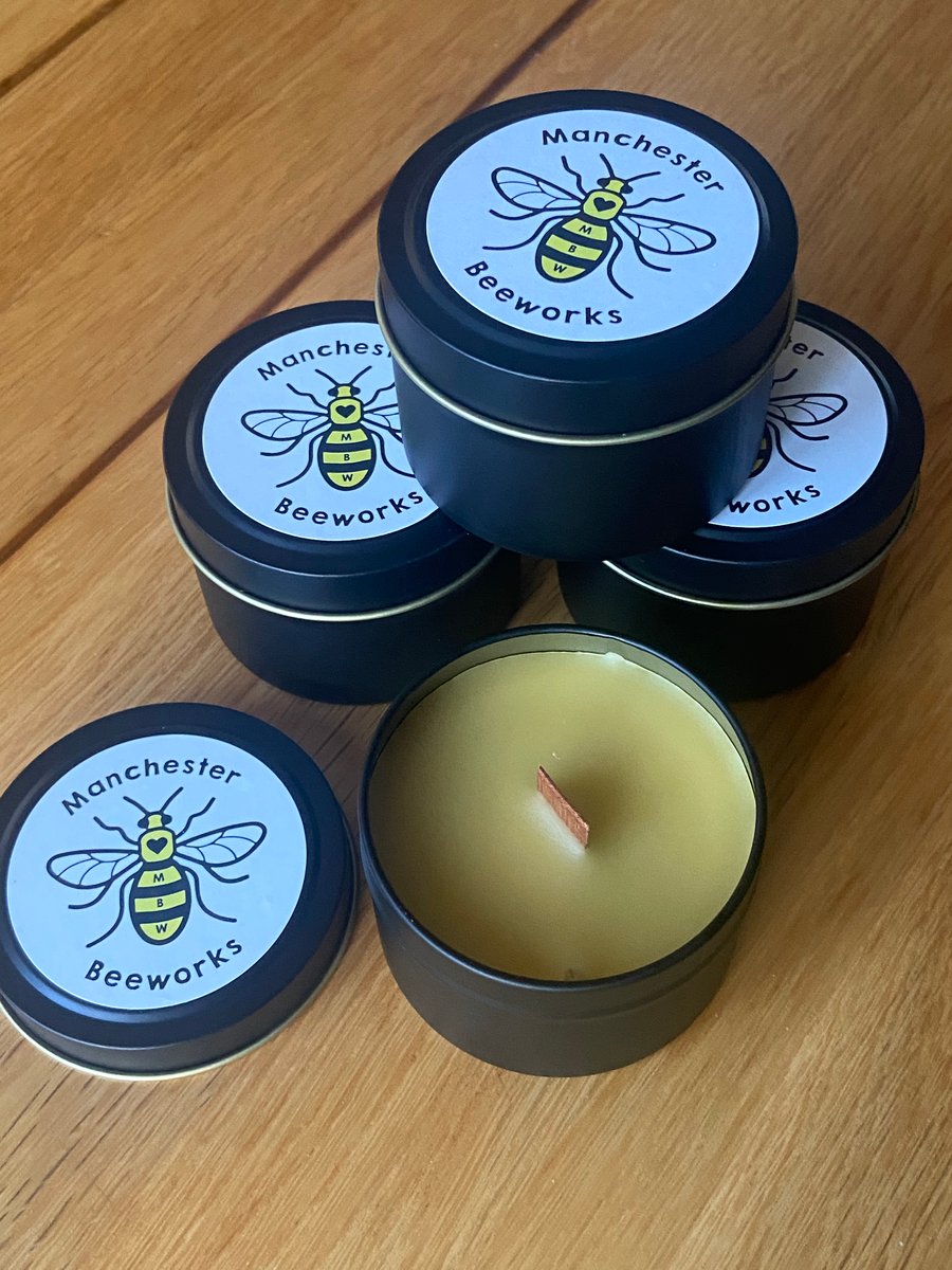2 Organic Beeswax Candles in Modern Black Tins With Wooden Wicks