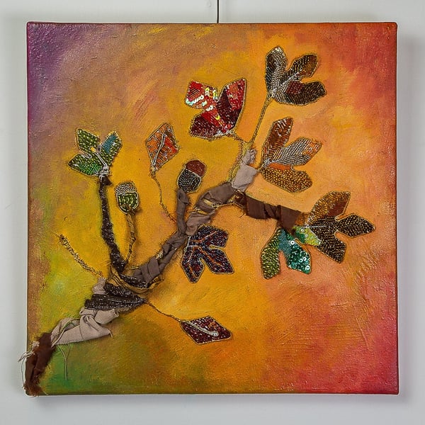 autumn leaves mixed media textile canvas