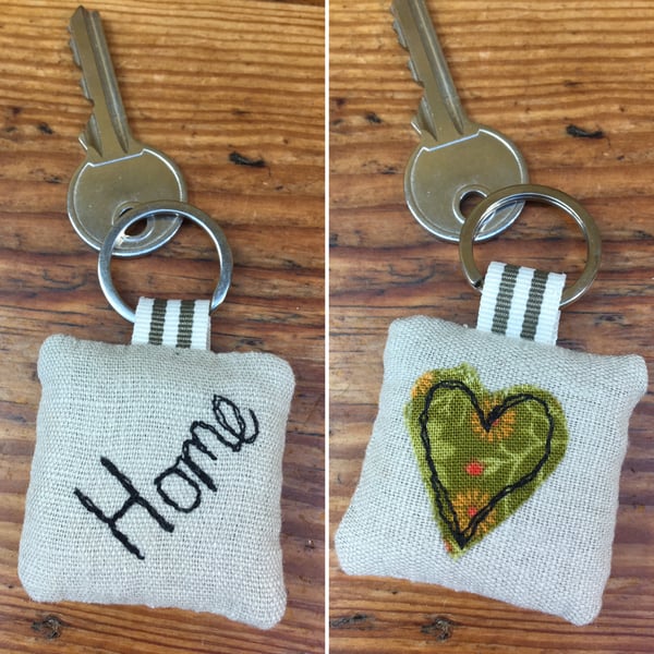 Keyring, Home & heart keyring, New home, Embroidered linen & lavender