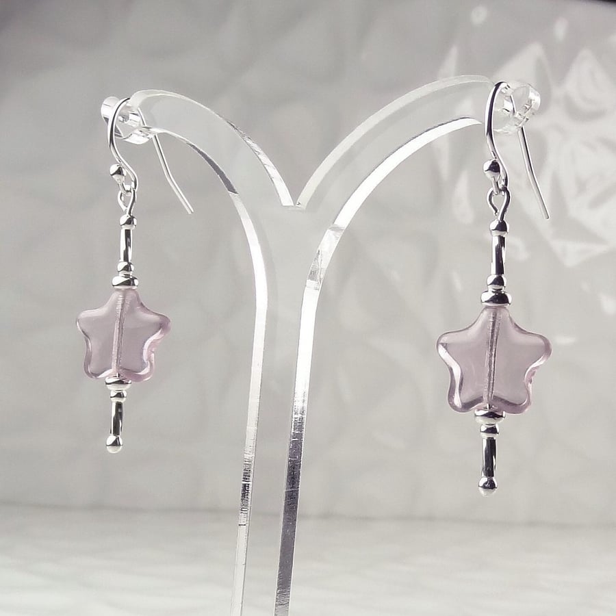 Pale purple Czech glass drop earrings, sterling silver, star shaped, gift box