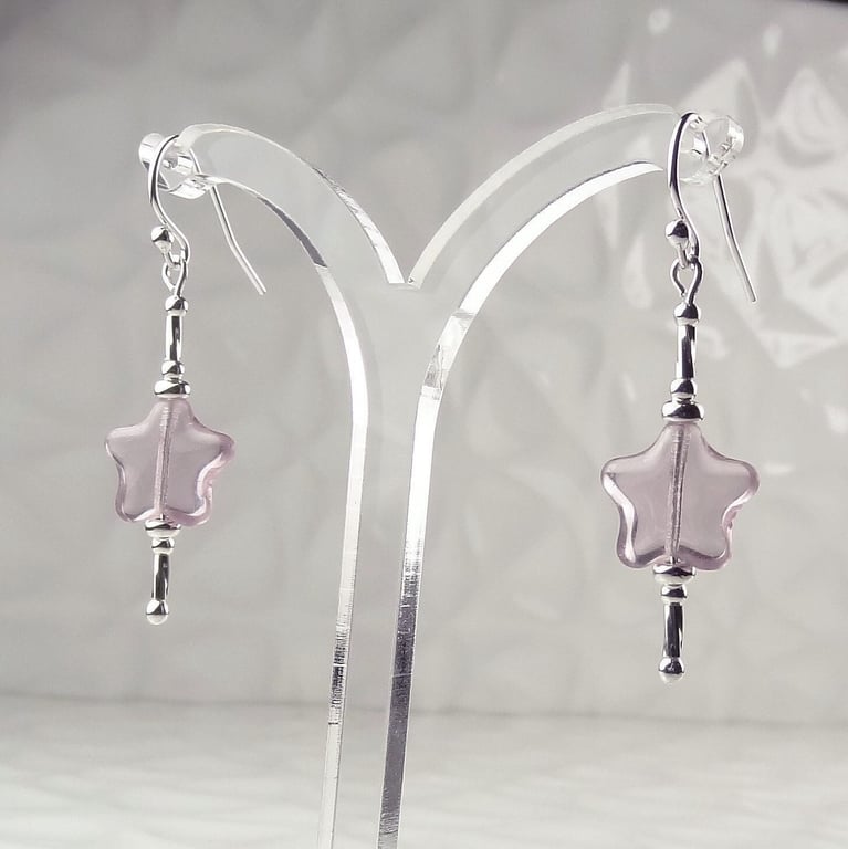 Pale purple Czech glass drop earrings, sterling silver, star shaped, gift box