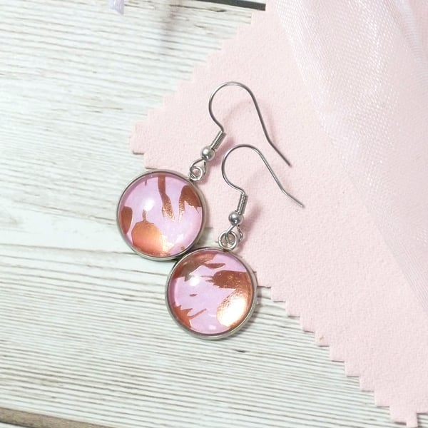 OOAK dangle earrings in bright pink with rose gold foil, limited edition