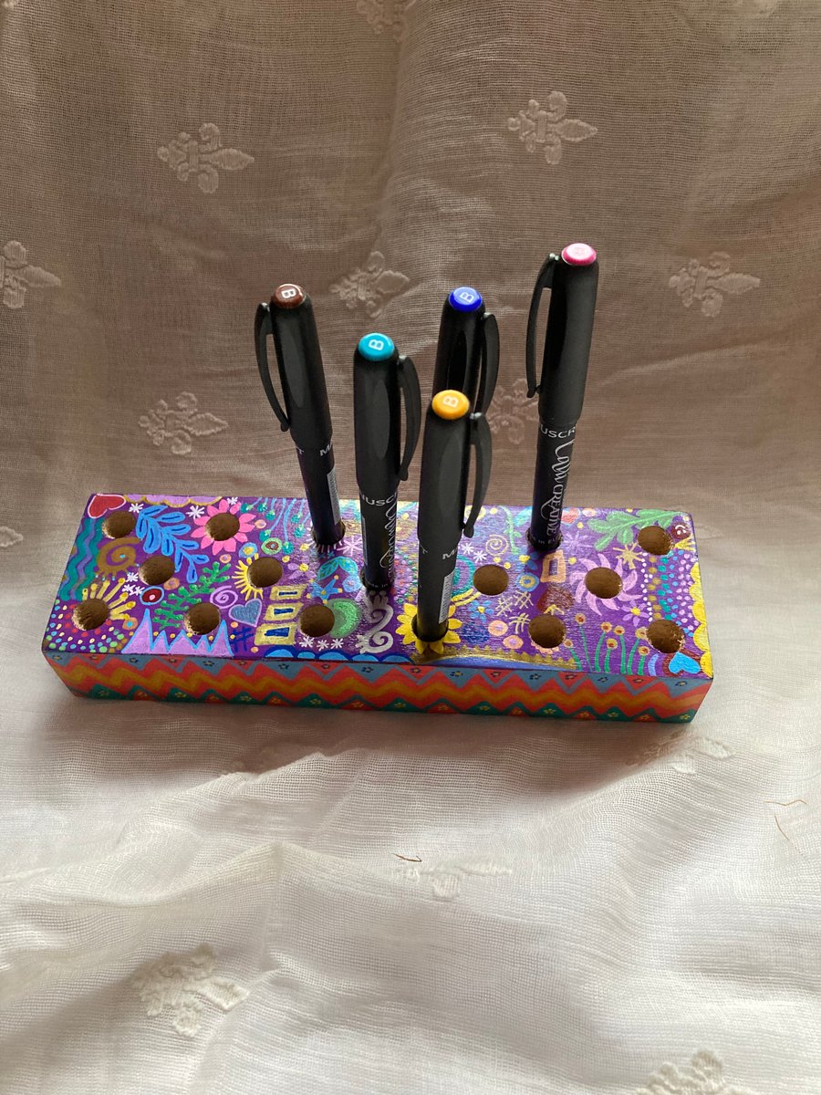 Hand painted abstract wooden pencil holder 