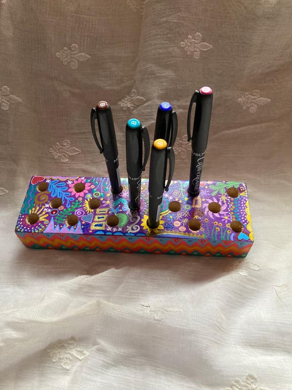 Hand painted abstract wooden pencil holder 