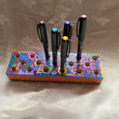 Hand painted abstract wooden pencil holder 