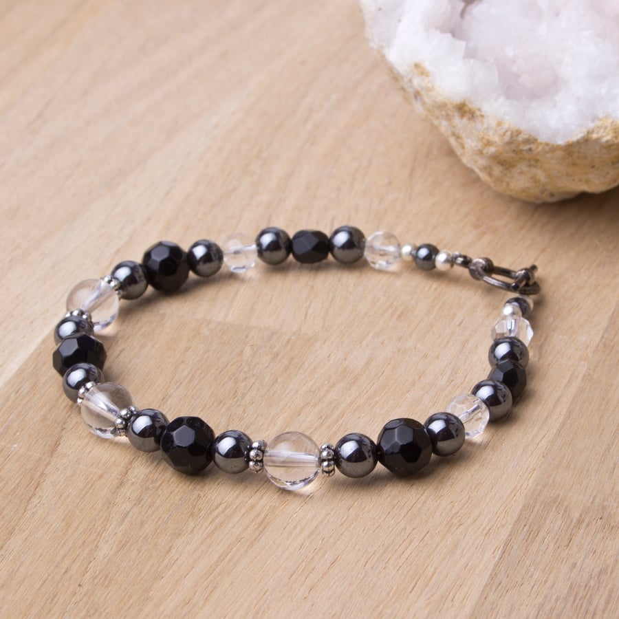 Gemstone bead bracelet - Hematite and clear crystal quartz bracelet 