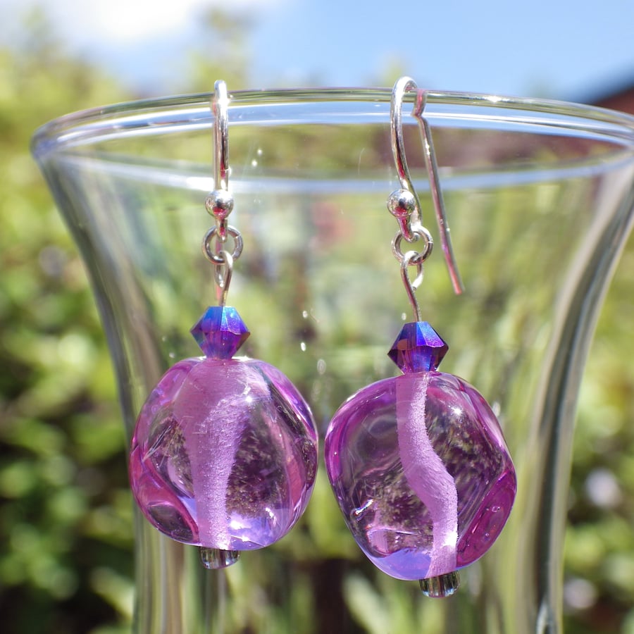 Lilac purple UK lampwork glass bead earrings