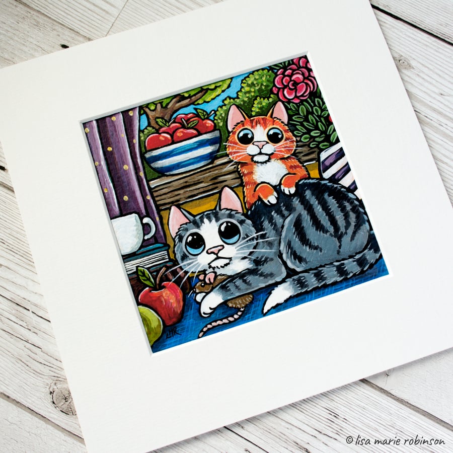 Two Tabby Cats with Mouse Painting - Mounted size 8" x 8"