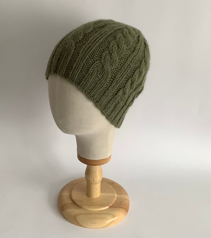 BEANIE HAT .' Towpath' . Luxurious baby Alpaca, Merino wool. Cabled .Green.
