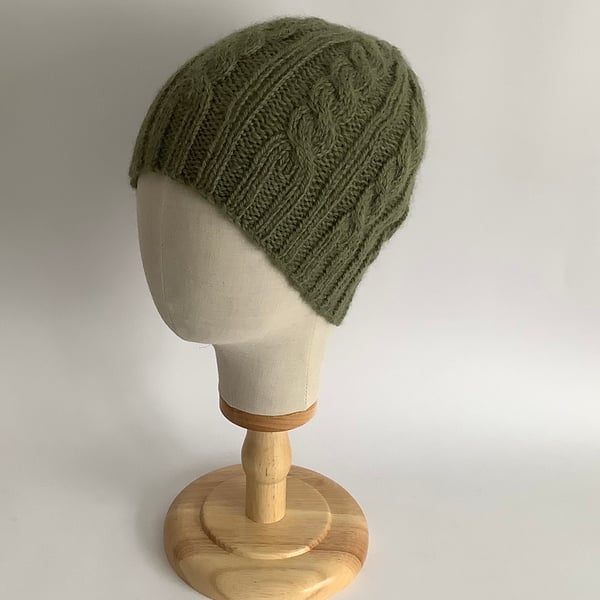 BEANIE HAT .' Towpath' . Luxurious baby Alpaca, Merino wool. Cabled .Green.