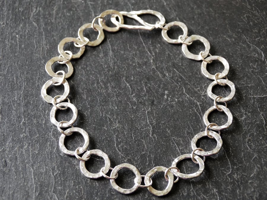  Sterling silver charm bracelet, handmade hammered, chain 