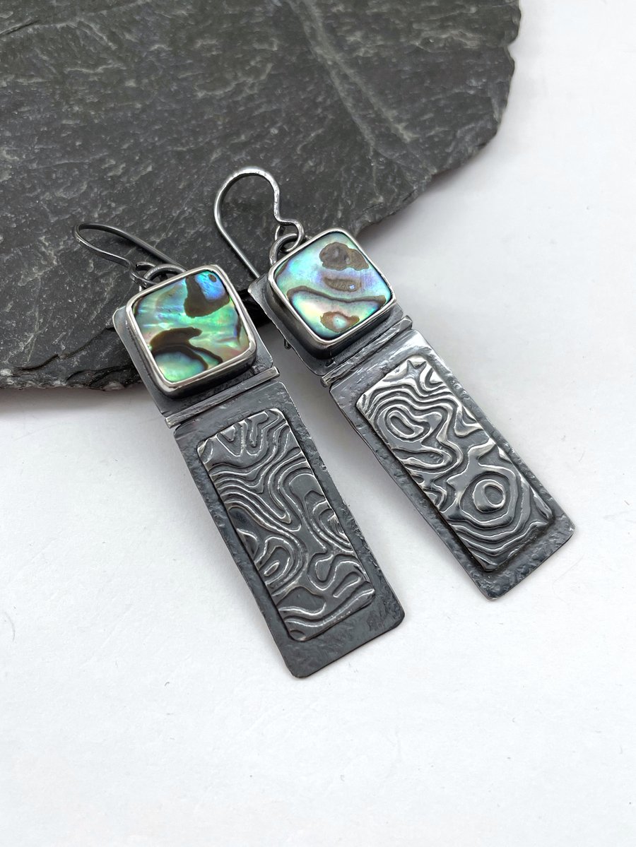 Oxidised silver and abalone shell large earrings