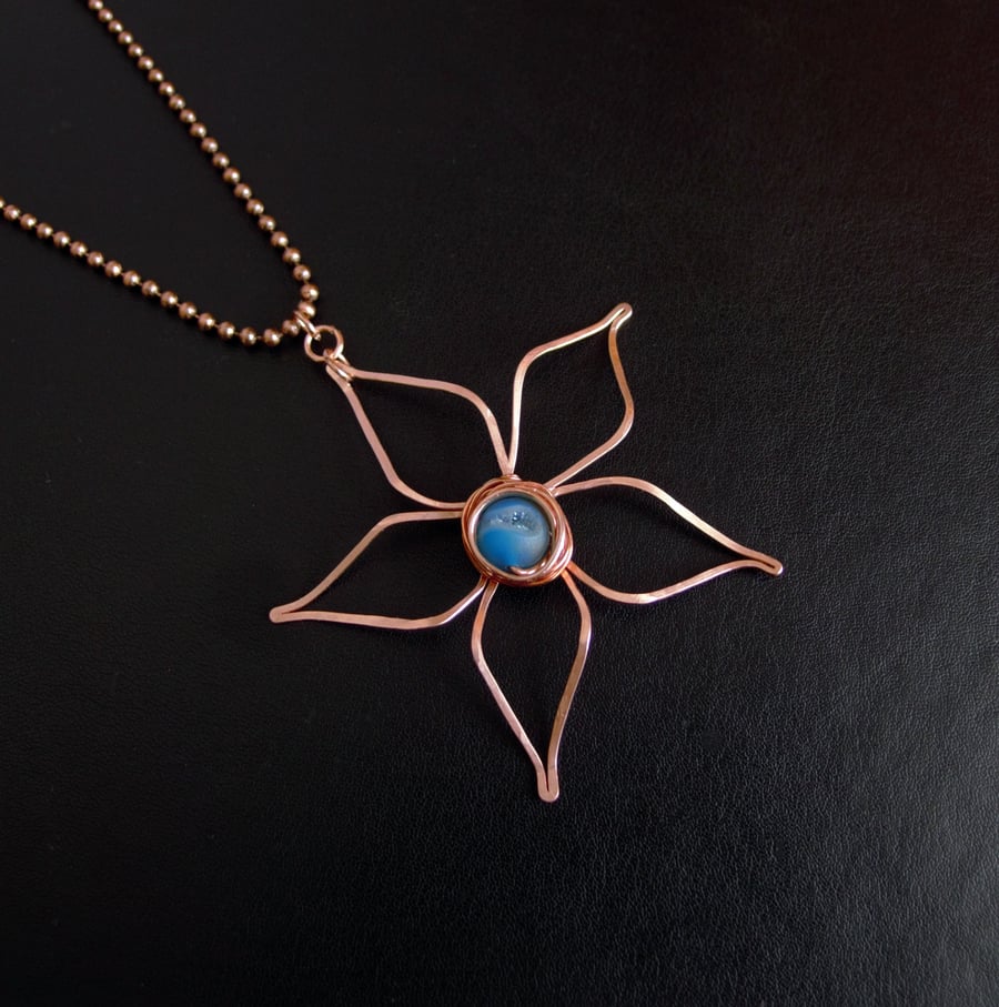 Flower Necklace. Copper & Gemstone Bead Turquoise Matte Blue Druzy Sparkly Agate