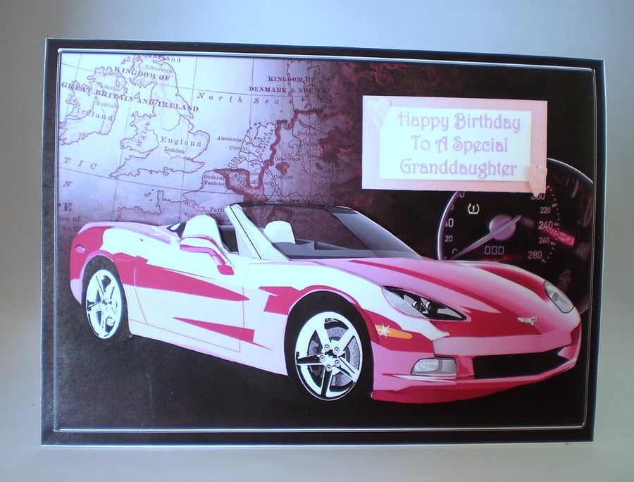 Handmade Pink Sports Car Birthday Card, Granddaughter,Personalise