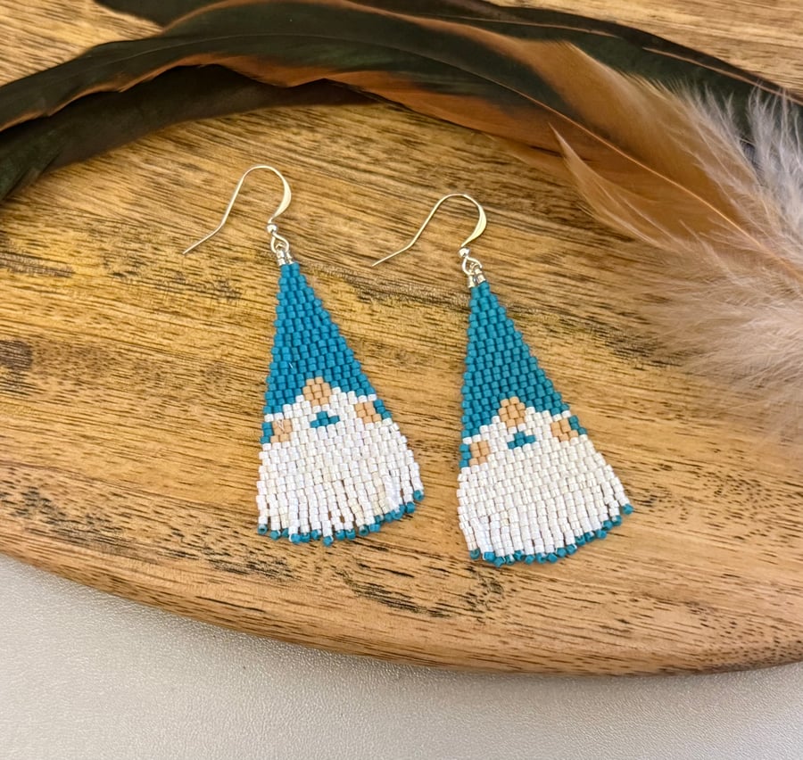 Fun novelty blue gnome beadwork earrings with a mini fringe