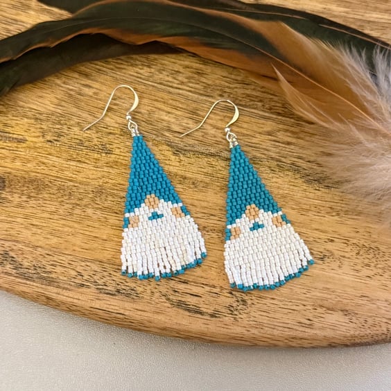 Fun novelty blue gnome beadwork earrings with a mini fringe