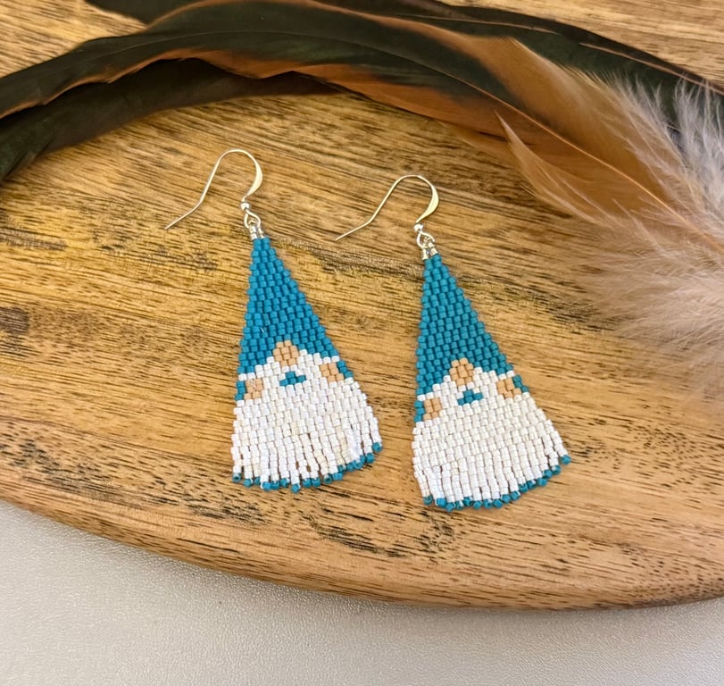 Fun novelty blue gnome beadwork earrings with a mini fringe