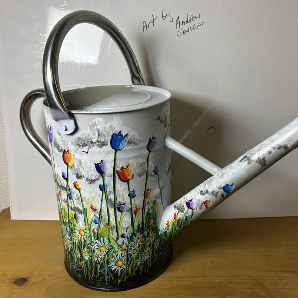 A hand painted and sealed metal Watering can by Andrew Jenkins 