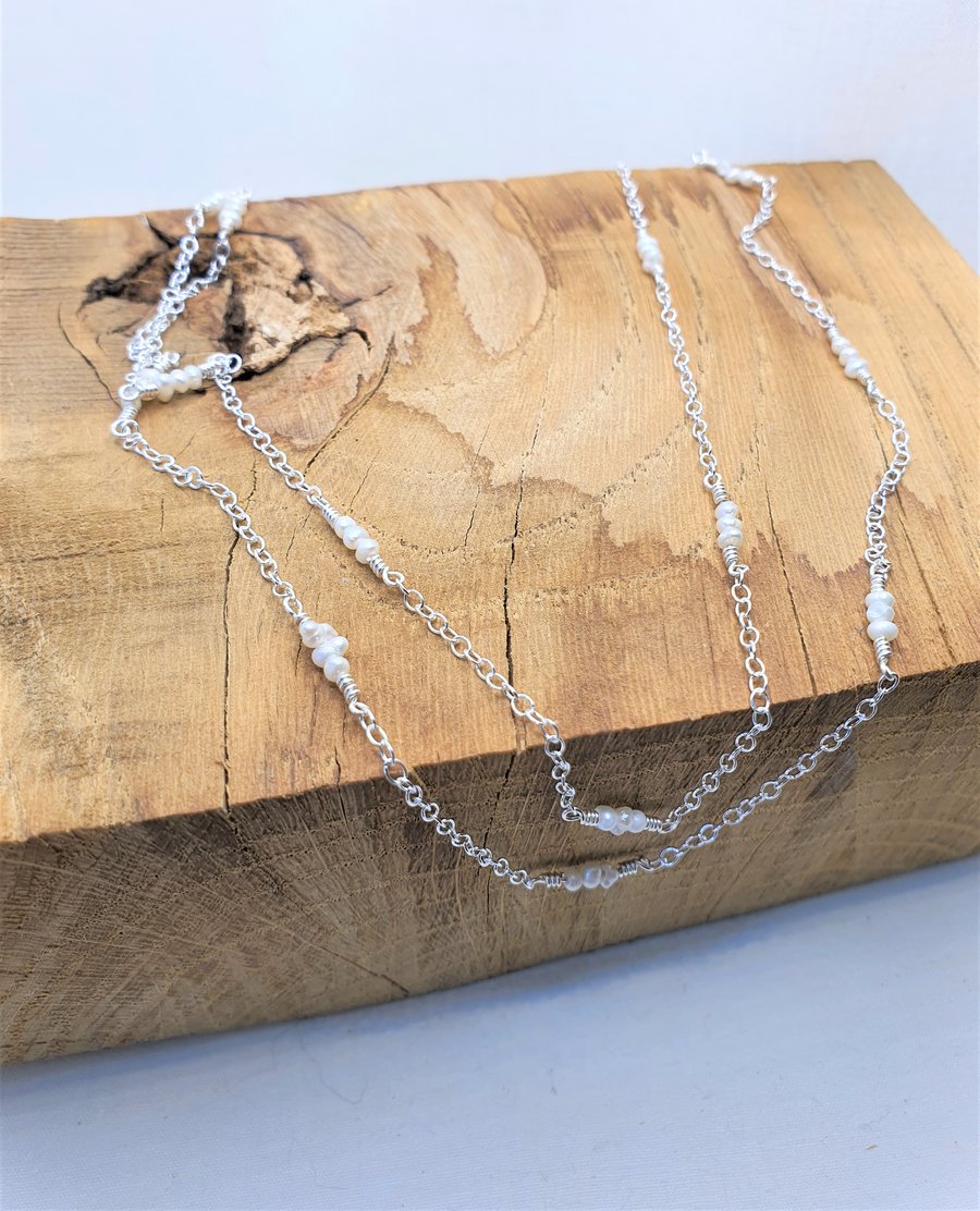 Long Real Pearl and Sterling Silver Necklace, Tiny Seed Pearl Layered Necklace