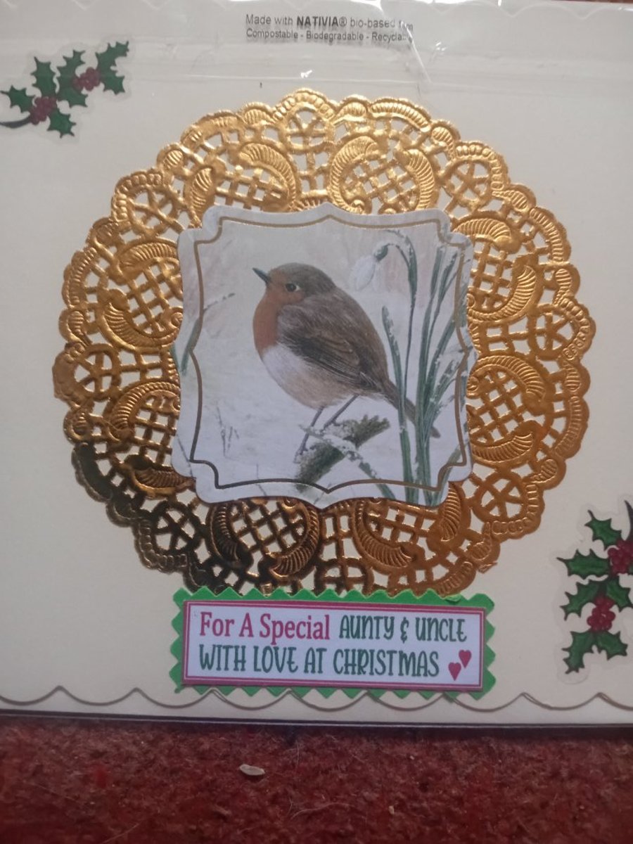 Robin Aunt and Uncle Christmas Card golden handmade 