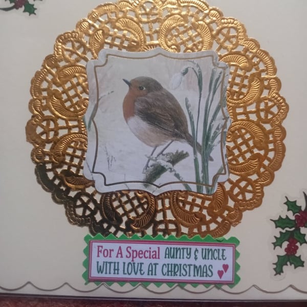 Robin Aunt and Uncle Christmas Card golden handmade 