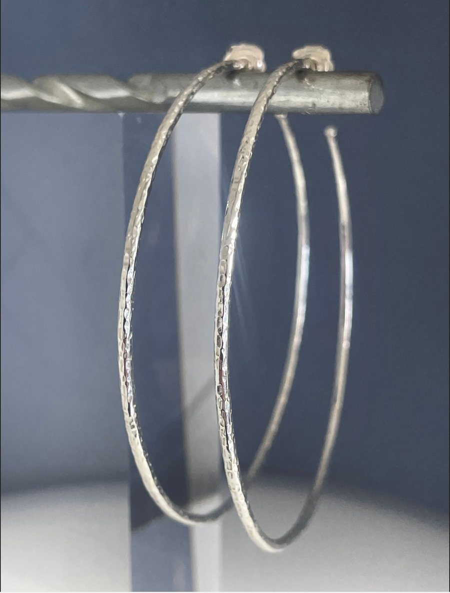Extra Large Sterling Silver Boho Hoop Earrings 70mm Hammered-Sparkly - Handmade