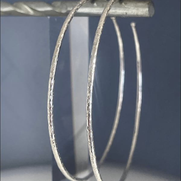 Extra Large Sterling Silver Boho Hoop Earrings 70mm Hammered-Sparkly - Handmade