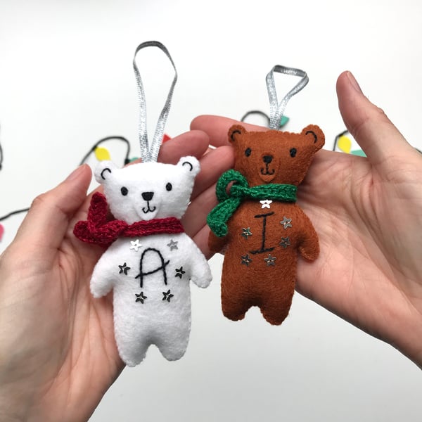 Christmas Bear Decoration with Hand Embroidered Personalisation- Made to Order