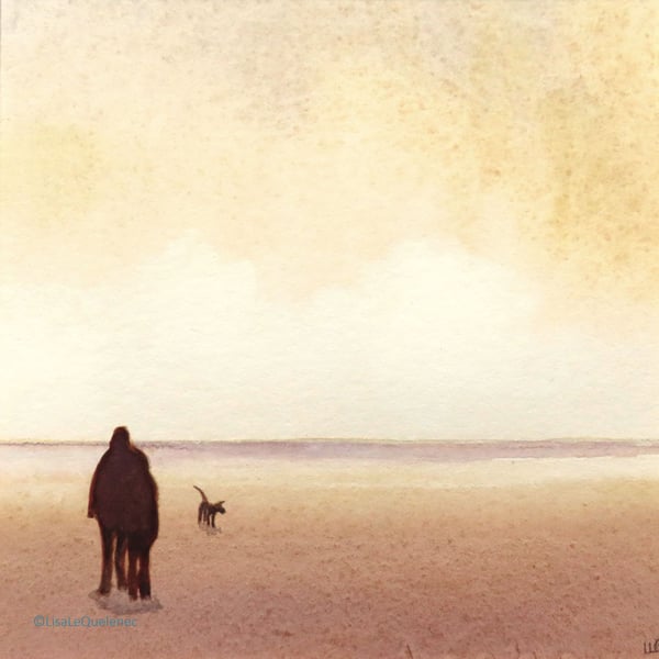 Original watercolour painting dog walkers on the beach at sunset